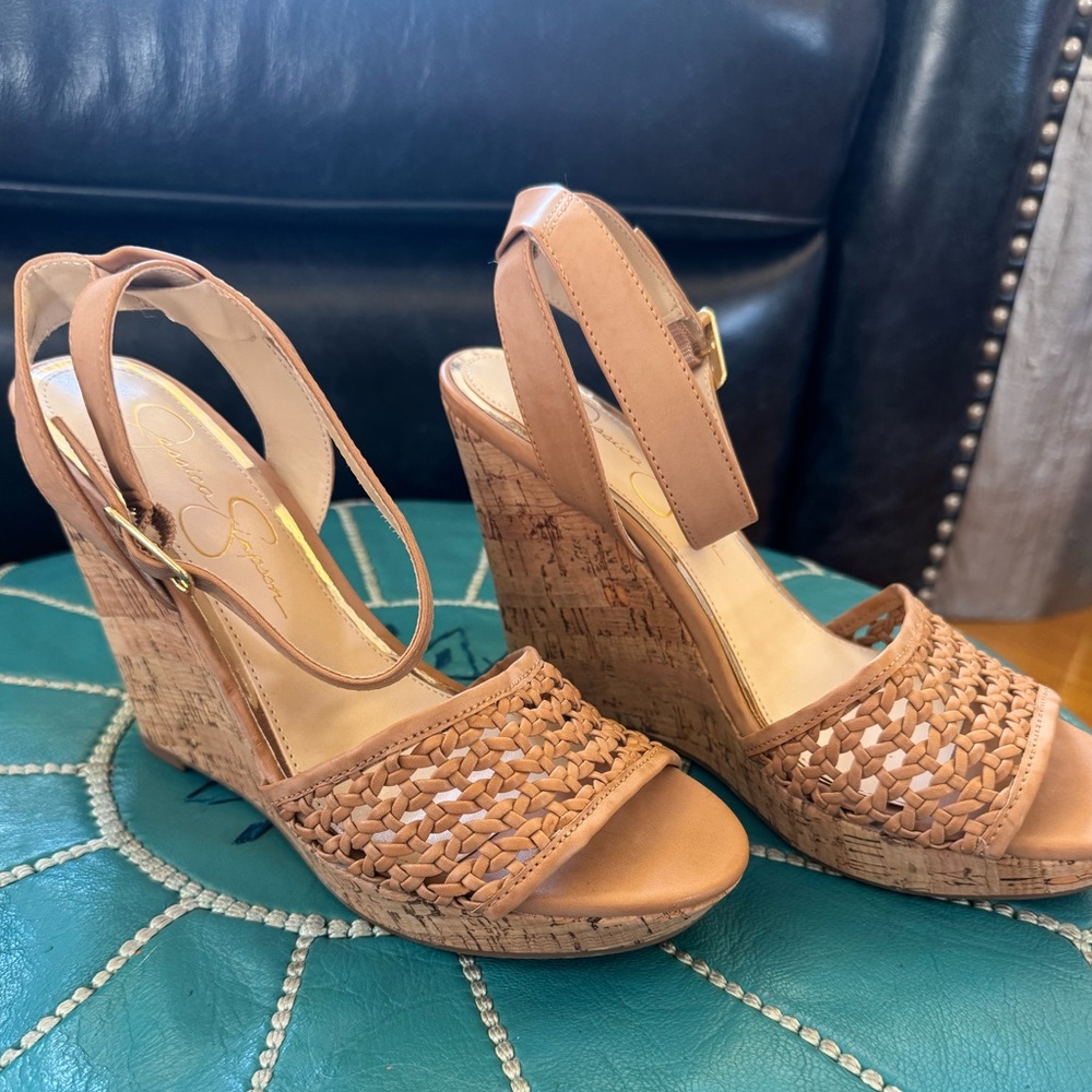 Jessica Simpson New Tan Woven platform wedge ankle strap sandals 7.5M JV-Jividen